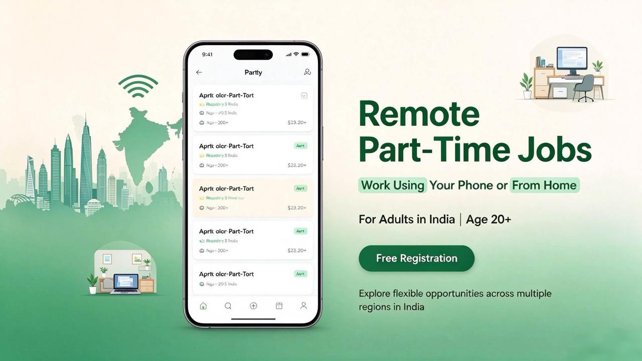 Remote part-time jobs in India for adults aged 20 and above, using a phone or working from home